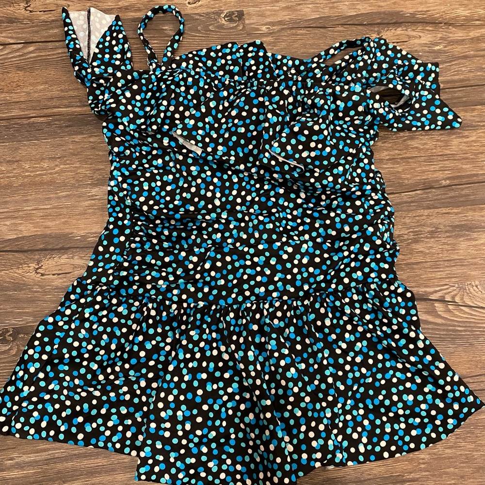 One piece swimsuit black white and light blue